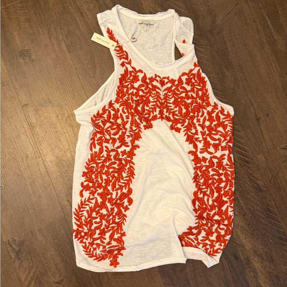 White Tank Top with orange Embroidery